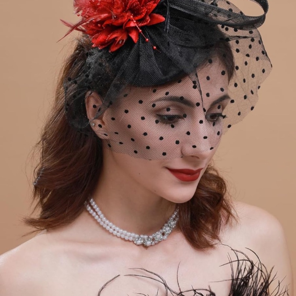 Chic Black and Red Fascinator with Veil